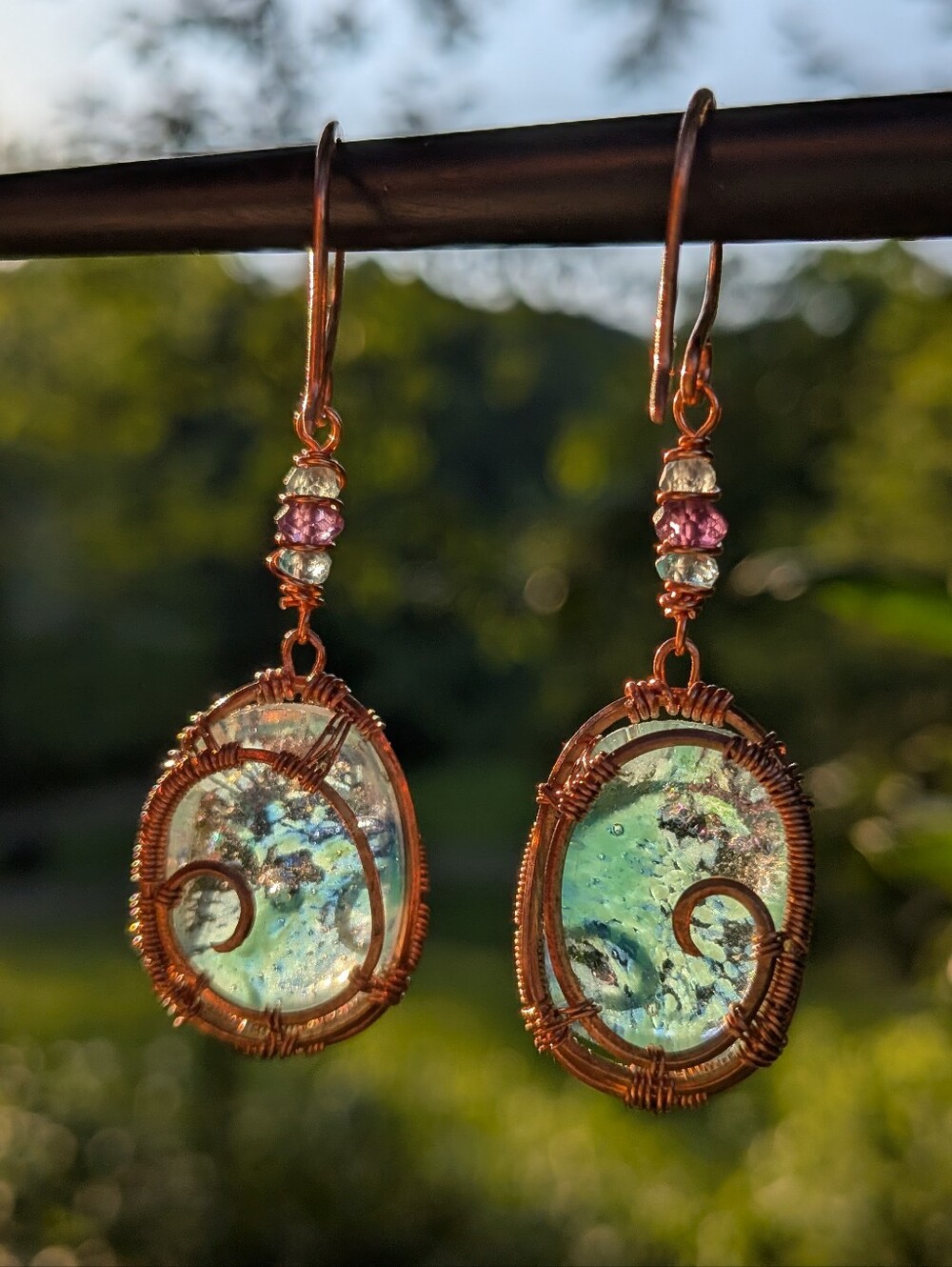 Mermaid Goddess Earrings - Artisan Dichroic Glass with Natural Gems in Copper - Picture 4 of 16
